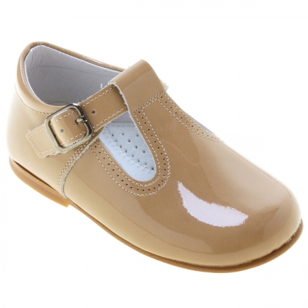 Children Camel Colour T Bar Patent Shoes Made In Spain