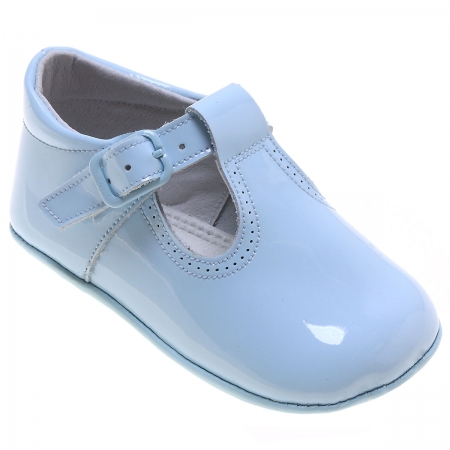 Baby T bar Blue Patent Pram Shoes with Buckle Fastening