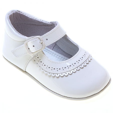 Baby Girls White Patent Leather Pram Shoes With Scallop Frills
