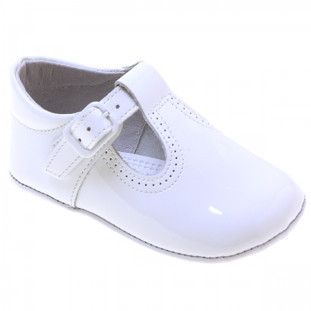 Baby T bar White Patent Pram Shoes with Buckle Fastening