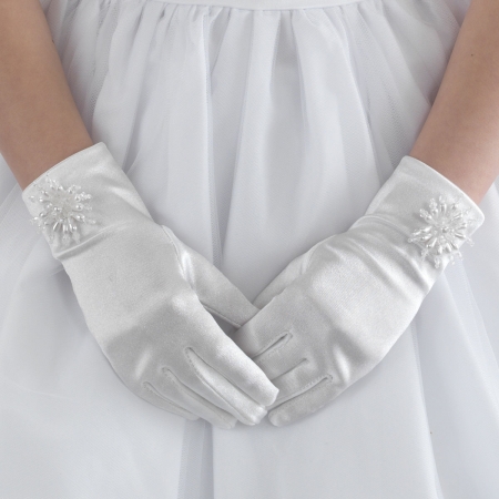 Large Flower Beads White Communion Gloves