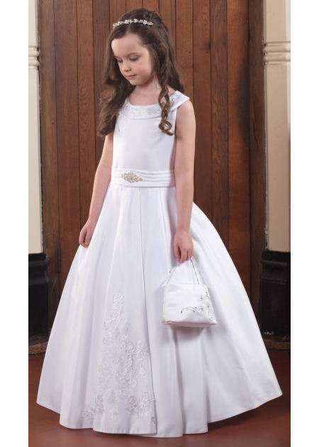 Linzi Jay Satin Scoop Collar Pleated Waistband White Communion Dress