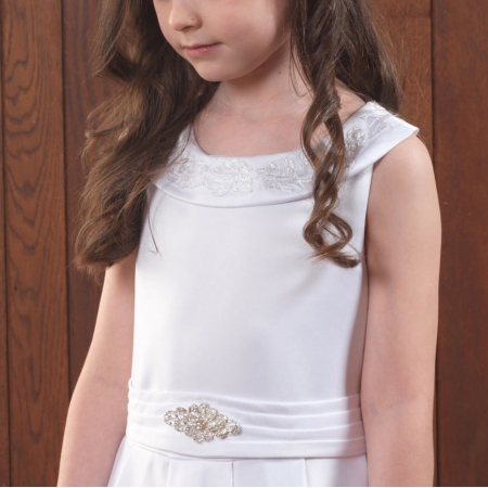 Linzi Jay Satin Scoop Collar Pleated Waistband White Communion Dress #2