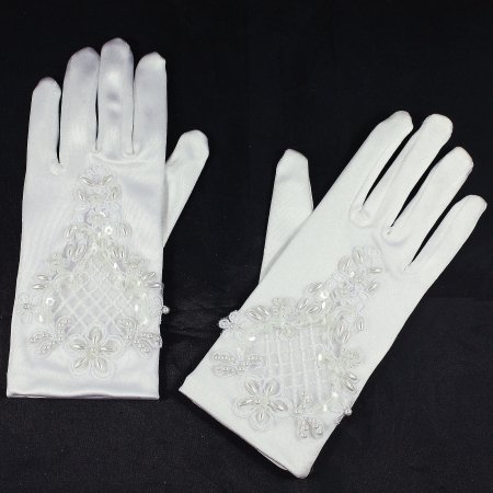 Elaborately Beaded First Holy Communion White Gloves