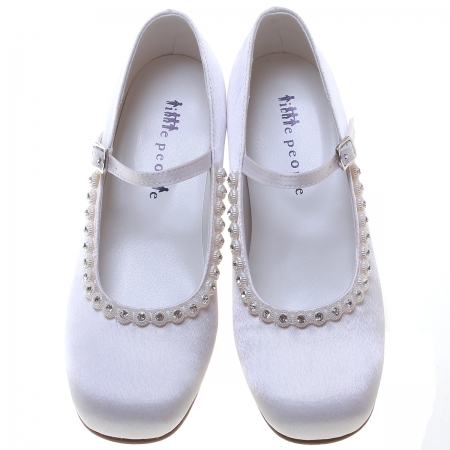Diamantes on Rim Girls First Holy Communion White Satin Shoes #2
