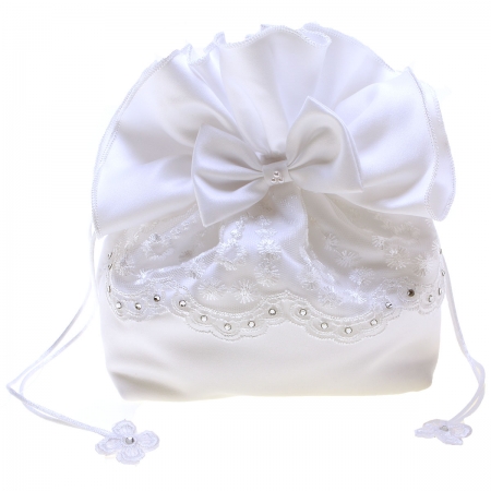 Flowers Diamantes And Bow White Communion Dolly Bag