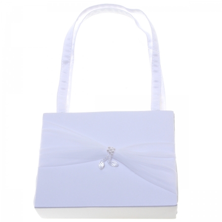 White Communion Handbag With Gathered Net And Beads