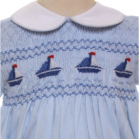 Baby Boys Hand Smocked Blue Sailboat Romper #2