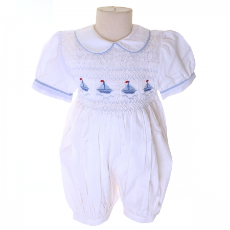 Baby Boys Hand Smocked White Sailboat Romper
