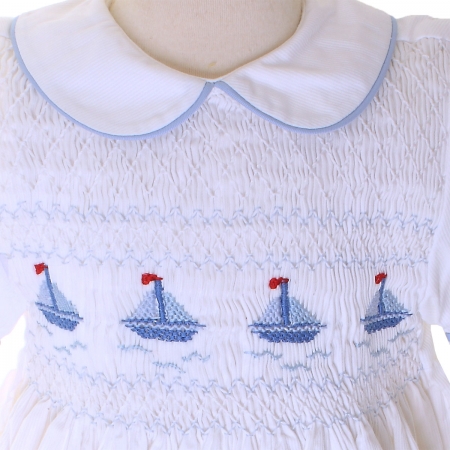 Baby Boys Hand Smocked White Sailboat Romper #2