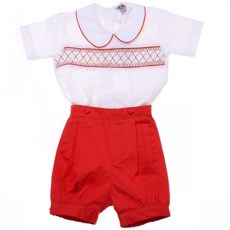 Baby Boys White Red Smocked Eton Romper Outfit