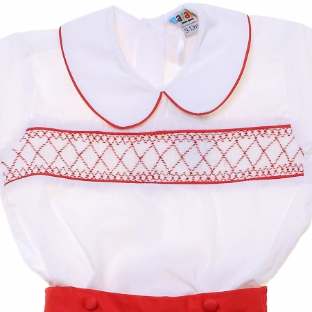 Baby Boys White Red Smocked Eton Romper Outfit #2