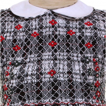 Girls Traditional Smocked Tartan Dress In Black And White And Red Flowers #2