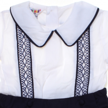 Boys White Top Navy Shorts Smocked Romper Outfit #2