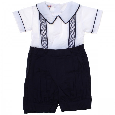 Boys White Top Navy Shorts Smocked Romper Outfit