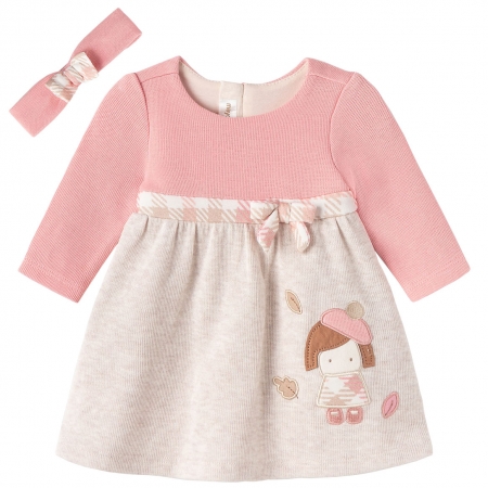 Mayoral Autumn Winter Baby Girls Pink Beige Dress With Hairband
