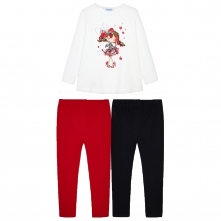 Mayoral Girls Ivory Cute Top Red And Black Legging Set