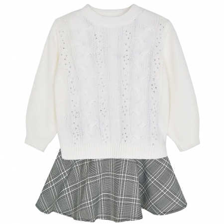 Mayoral Girls Ivory Jumper And Black Tartan Dress Set