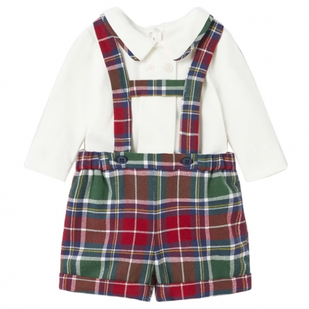 Mayoral Baby Boys Ivory Top Red Tartan H Braces Shorts Set