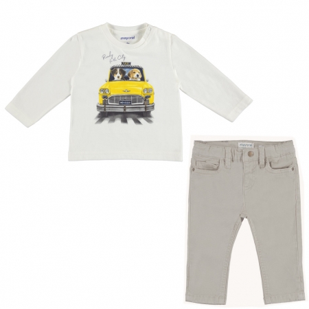 Mayoral Baby Boys Ivory Car Print Top Light Grey Trousers Set