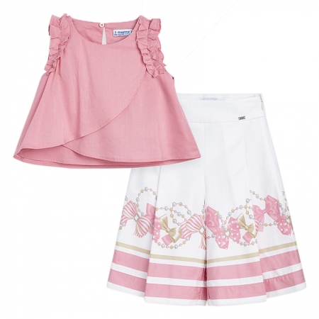 Mayoral Girls Pink Top And Pink White Long Pant Set