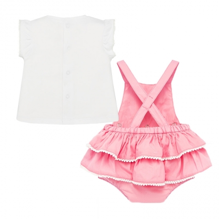 Mayoral Spring Summer Baby Girls White Top Pink Ruffle Braces Panties Dress Set #2