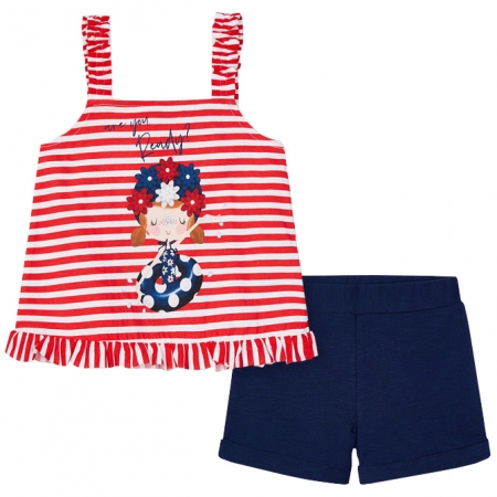 Mayoral Girls Spring Summer Red Stripes Frilly Top Navy Shorts Set #2