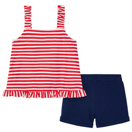 Mayoral Girls Spring Summer Red Stripes Frilly Top Navy Shorts Set #3