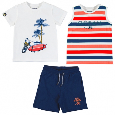 Mayoral Spring Summer 3 Piece White Red Navy Stripes T Shirts Navy Shorts Set