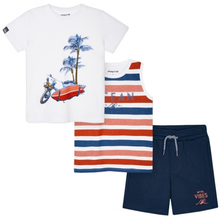 Mayoral Spring Summer 3 Piece White Red Navy Stripes T Shirts Navy Shorts Set #2