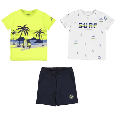Mayoral Spring Summer 3 Piece White Green T Shirts Navy Shorts Set