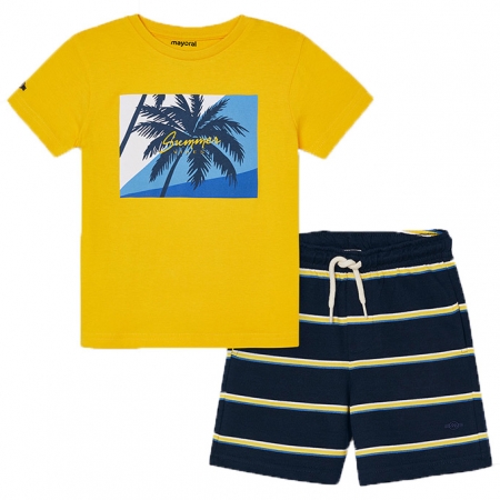 Mayoral Spring Summer Boys Lemon Yellow T Shirts Navy Stripes Shorts Set