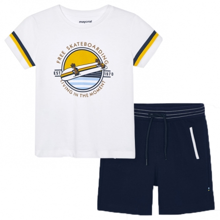 Mayoral Spring Summer Boys White T Shirts Skateboard Print Navy Shorts Set