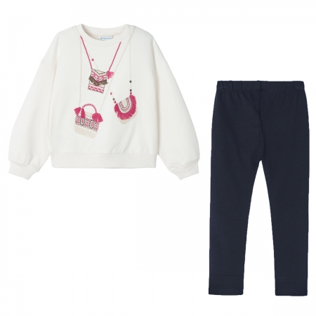 Mayoral Girls Ivory Fuchsia Purse Appliques Top Navy Leggings Set