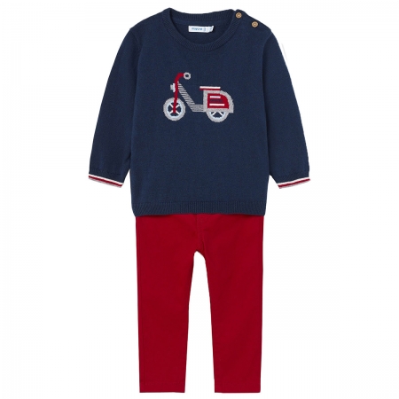 Mayoral Autumn Winter Baby Boys Navy Vespa Knitted Top Red Trousers Set