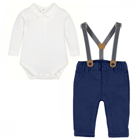 Mayoral Baby Boys Ivory Polo Bodysuit Navy Braces Trousers Set