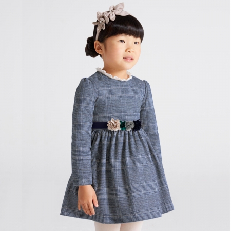 Mayoral Navy Girls Grey Check Dress Floral Belt