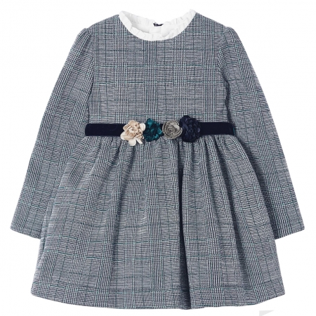 Mayoral Navy Girls Grey Check Dress Floral Belt #2