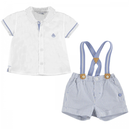 Mayoral Baby Boys White Shirt Blue Stripes Shorts Braces Set