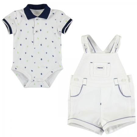 Mayoral Baby Boys White Polo Bodysuit And Ivory Dungarees Outfit