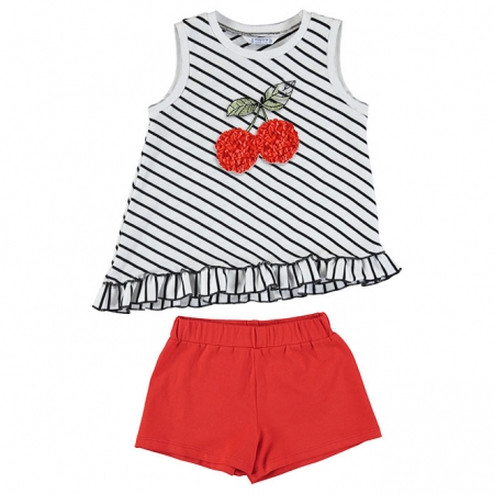 Mayoral Girls Spring Summer White Frills Stripes Top Red Shorts Set