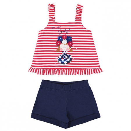 Mayoral Girls Spring Summer Red Stripes Frilly Top Navy Shorts Set