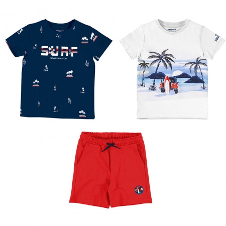 Mayoral Spring Summer 3 Piece Navy White T Shirts Red Shorts Set