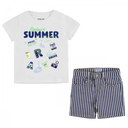 Mayoral Boys Enjoy Summer White T Shirt And Navy Stripes Shorts Set