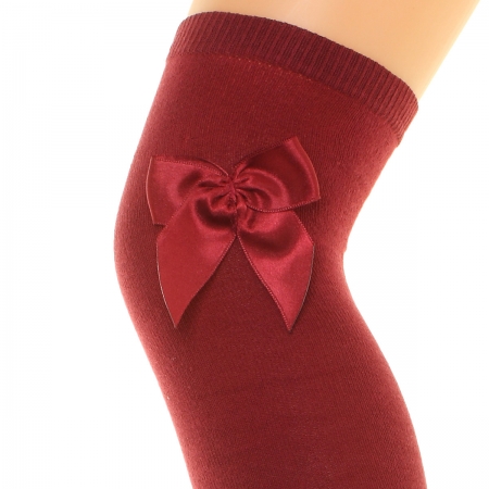 Girls Over Knee High Burgundy Satin Bow Socks #2