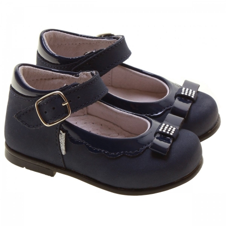 Girls Navy Leather Made In Italy Shoes Decorated With Bows