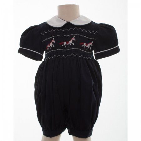 Hand Smocked Navy Romper With Horse Embroidery