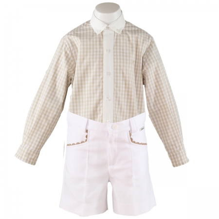 Sale Miranda Boys Light Caramel Gingham Shirt White Shorts Set