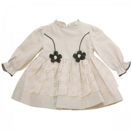 Miranda Baby Girls Ivory Beige Dress With Ivory Lace Net Black Flowers