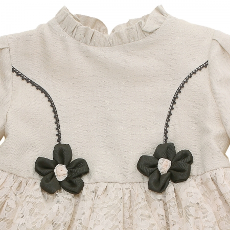 Miranda Baby Girls Ivory Beige Dress With Ivory Lace Net Black Flowers #2